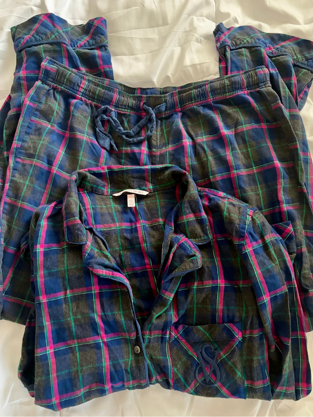 Victoria's Secret Navy Plaid Flannel Pajama Set with Pink & Green Accents